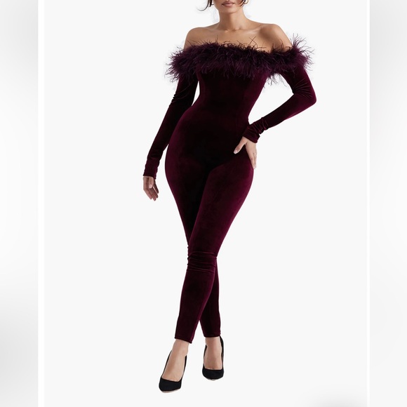 House of CB 'Salima' Dark Cherry Velvet Feather Jumpsuit - Picture 3 of 10